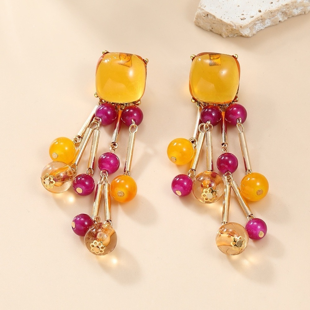 ✨ Statement Beaded Drop Earrings – Amber & Berry Tones